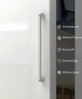 10 Pack 5 Inch Cabinet Handles Brushed Satin Nickel Zinc Alloy Pulls installed on white door, highlighting features like rust-proof and smooth edge.