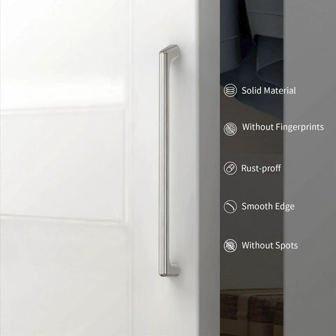 10 Pack 5 Inch Cabinet Handles Brushed Satin Nickel Zinc Alloy Pulls installed on white door, highlighting features like rust-proof and smooth edge.