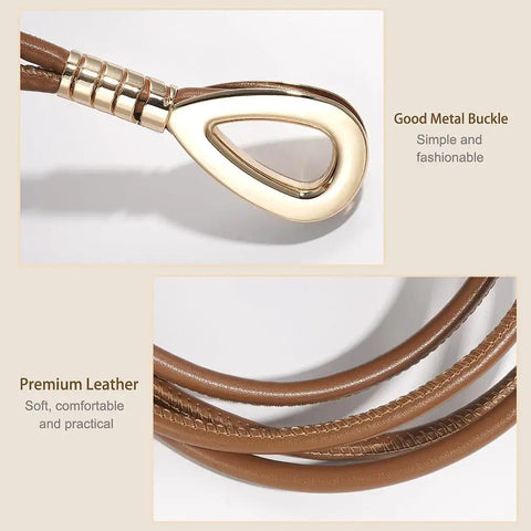 Close-up of Women Knotted Skinny PU Leather Waist Belt With Gold Alloy Buckle showing its metal buckle and premium leather material.