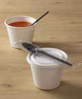 Six Point Five Inch Wrapped Compostable Spoons For Hot And Cold Food 250 Individually Wrapped Plant Based Black CPLA Disposable Utensils BPI Certified Eco Friendly Cutlery For Restaurants And Events, wrapped black spoon on cup