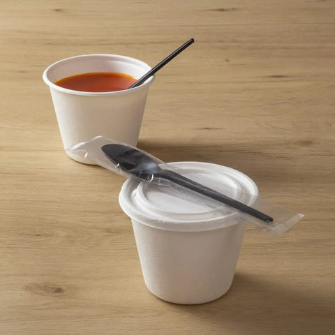 Six Point Five Inch Wrapped Compostable Spoons For Hot And Cold Food 250 Individually Wrapped Plant Based Black CPLA Disposable Utensils BPI Certified Eco Friendly Cutlery For Restaurants And Events, wrapped black spoon on cup