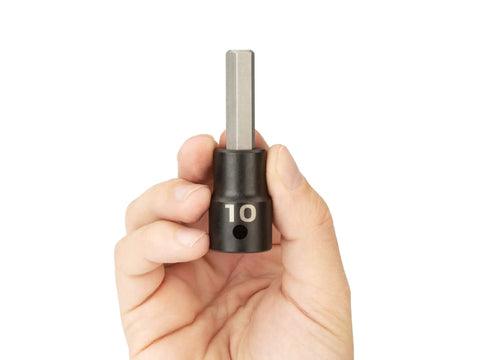 Hand holding Half Inch Drive X 10 mm Hex Impact Bit Socket With Laser Marked Size And Stamped Markings, S2 Steel.