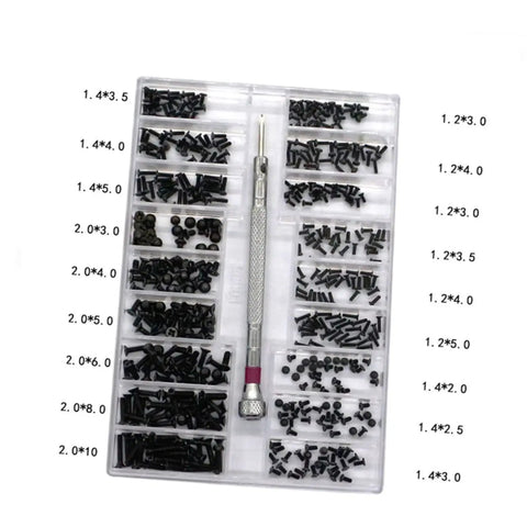Solid Gear Carbon Steel Miniature Screw Assortment Loaded With Round Head Countersunk Bolts Inside A Compact Travel Kit for notebook glasses repairs.