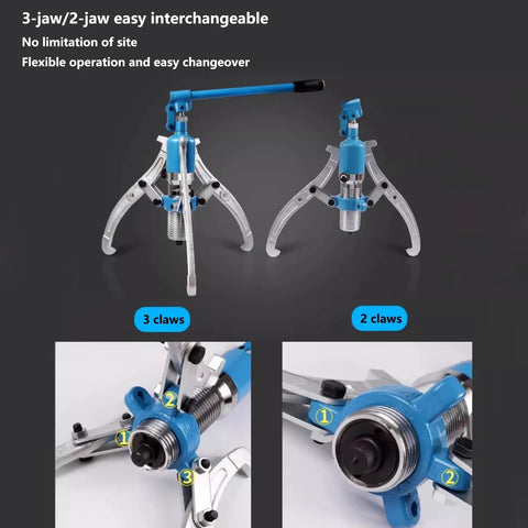 15T Heavy Duty Hydraulic Bearing Puller 33000LB Kit With Two Inch Stroke 2 Or 3 Jaw Options For Mechanics And DIY Guys Removing Brake Drums Fast No Mess In Garage Saves Time For Repair Jobs Without Ruining Engine Parts So You Can Drive Fast Now., blue steel 2 and 3 jaw hydraulic puller with interchangeable claws shown front view