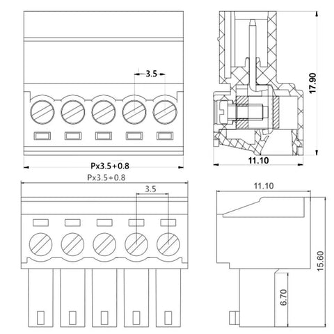 Technical diagram of 5-Pin 300V 8A KF2EDGK Pluggable Screw Terminal Block Connector, showing dimensions and design details for PCBs.
