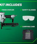 Kit including Pro Grade Finish Stapler For Trim And Furniture, 18 Gauge Pneumatic Nailer, safety glasses, and carrying case.