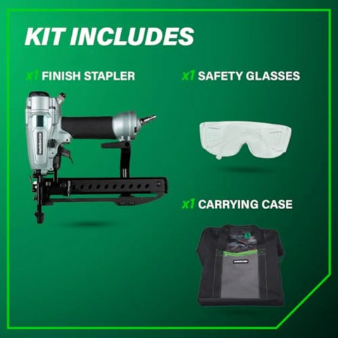 Kit including Pro Grade Finish Stapler For Trim And Furniture, 18 Gauge Pneumatic Nailer, safety glasses, and carrying case.
