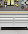 61 Inch Nine Drawer Rolling Tool Chest With Locking System Mobile Tool Storage Cabinet Heavy Duty Steel Construction Solid Wood Top Durable Powder Coated Finish For Home Garage Warehouse And Kitchen Silver, front view