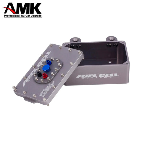 Beefy CNC Aluminum RC Crawler Fuel Cell Receiver With Simulated Fuel Tank, gray, lid open with red and blue connectors, logo visible
