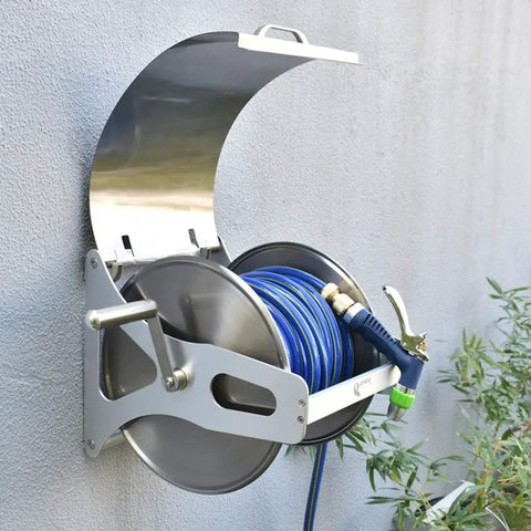 Top Shelf Slick Retractable Hose Reel And Hose Cart For Garden Or Car Wash Wall Mounted Stainless Steel Water Pipe Storage Rack.
