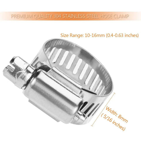 Close-up of a 20 Pack Stainless Steel Hose Clamps Adjustable 3/8 to 5/8 Inch (10-16mm) Worm Gear Clamp for Plumbing, Auto and Mechanical Projects