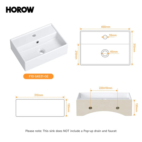 Bathroom Wash Basin(45 * 31 * 13cm) - Countertop/Wall-Mounted Recular Sink (Whitle) shown with dimensions and top view.