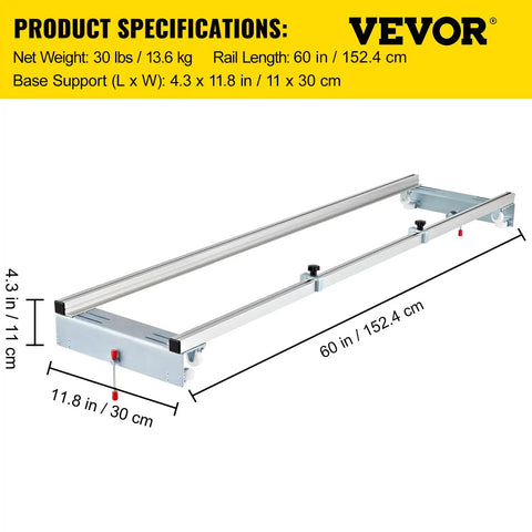 Knockout Router Sled For Dedicated Woodworkers 64 Inch Wide Slab Guide Jig with heavy duty slam lock mechanism displayed with specifications.