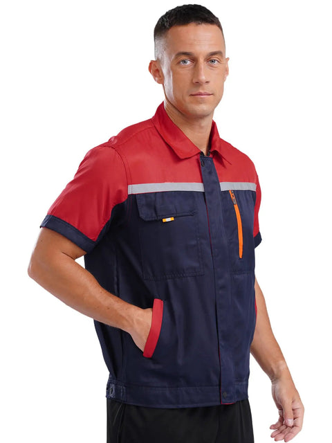 Men Heavy Duty Mechanic Uniform Short Sleeve Work Shirt Built Tough Contrast Utility Top With Safety Reflective Stripes Zip Front Drop Collar Red Navy Blue Job Site Staple worn by model, front view, featuring tool pockets.