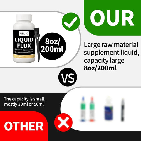 Comparison of 8oz/200ml water based no clean solder flux for electronics versus smaller capacities