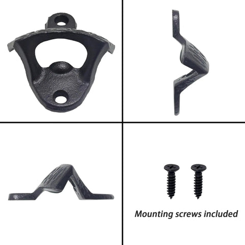 24 Pack Solid Black Cast Iron Wall Mounted Beer Bottle Cap Openers Featuring Screw In Assembly Including Complete Hardware For Home Bar Pub Garage And Weekend Tailgates, detailed views of openers and screws included.