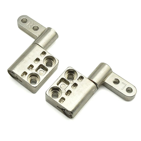 Pair of stainless steel damping hinge blocks with L and R mounting tabs and multiple screw holes.