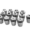 Pro Grade ER32 Collets Set 13-Piece Range From One Sixteenth To Thirteen Sixteenths Inch Including Five Thirty-Seconds Nine Thirty-Seconds And Twenty Three Thirty-Seconds Spring Chuck Style Portable Lathe Milling Tool Kit displayed in a row.