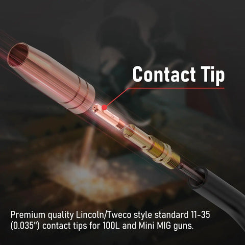 Super Hot MIG Welding Contact Tips 11-30 Size For.030 Wire, Premium 25 Pack close-up of contact tip for Lincoln/Tweco guns.