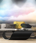 Rainbow Clouds Wall Mural With Blue And Gold Background Peel And Stick Self Adhesive Wallpaper Large Vinyl Wall Sticker For Home Decor Removable And Easy Install In 100 By 144 Inches Split Into Six Panels displayed in modern living room setting.