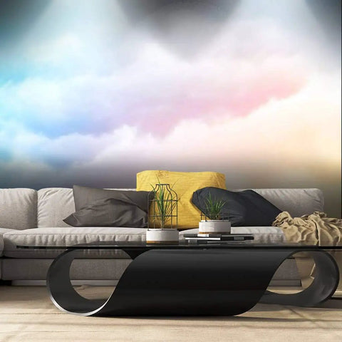 Rainbow Clouds Wall Mural With Blue And Gold Background Peel And Stick Self Adhesive Wallpaper Large Vinyl Wall Sticker For Home Decor Removable And Easy Install In 100 By 144 Inches Split Into Six Panels displayed in modern living room setting.