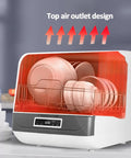 Smooth Operator Countertop Dishwasher With Three Reliable Wash Cycles Heated Dry Setting And Rotating Spray For Sparkling Dishes showing top air outlet design with clean plates inside.