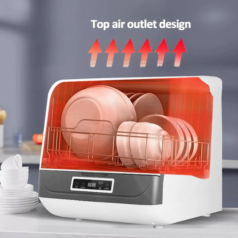 Smooth Operator Countertop Dishwasher With Three Reliable Wash Cycles Heated Dry Setting And Rotating Spray For Sparkling Dishes showing top air outlet design with clean plates inside.
