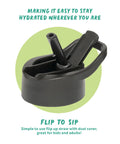 Close-up of black flip-to-sip straw lid for 1L Hydration Tracker Bottle With Flip Up Straw, Hourly Markings, And Easy Sip Tech