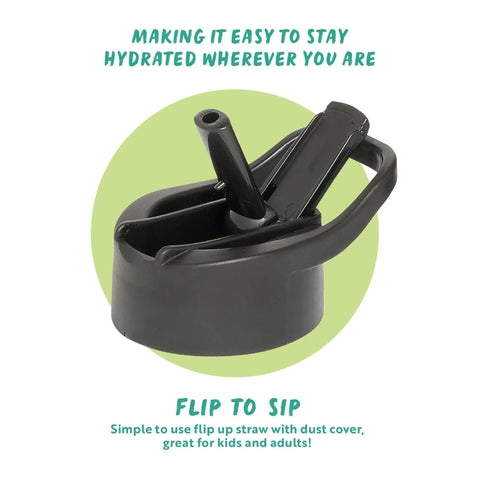 Close-up of black flip-to-sip straw lid for 1L Hydration Tracker Bottle With Flip Up Straw, Hourly Markings, And Easy Sip Tech