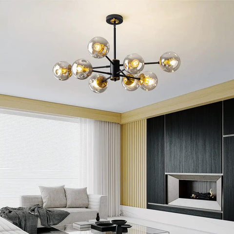 8-Light Black And Gold Sputnik Light Fixture Modern Chandelier With Smoked Glass Globes in living room setting