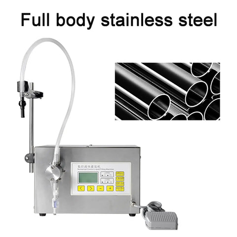 Semi Automatic Liquid Filling Machine With Stainless Steel Peristaltic Pump And Digital LCD Screen For Bottles Beer Wine Vinegar Milk Perfume Featuring Built Like A Tank Design And Smooth Foot Switch Zero Guesswork, showing stainless steel body and LCD control.