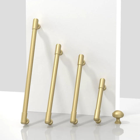 10 Pack Brushed Gold Cabinet Pulls Serving Up Swank Modern Charm 5 Inch Wide Set on display, showcasing various sizes.