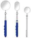Extendable Telescoping Inspection Mirror Set With Rotating Heads And Long Handle For Mechanics Inspectors And Auto Boat Maintenance Includes 50mm Round 25mm Oval And 30mm Small Round Mirrors, three stainless steel mirrors