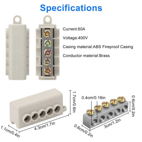 Six Piece 10 AWG Wire Connector Kit with brass terminals, ABS fireproof casing, screw fixed quick splice, 1 In 4 Out design.