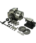 Universal Precision Metalworking Tailstock With 100mm Jaw Capacity And Three Jaw Lathe Chuck Mount Set featuring a detailed steel assembly and interchangeable dividing plates.