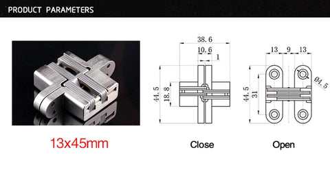 2 Pack Stainless Steel 304 Hidden Hinge With Silent Close, Invisible Mounting Folding Door Hinge For Wooden Doors, Heavy Duty Concealed Door Hardware, Rustproof Brushed Finish, Durable Cross Pin, Includes Screws, 13x45mm, product parameters with size diagram
