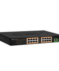High Power PoE Plus 16 Port Switch with 120W Budget, 1 Gigabit Uplink and 1 SFP Uplink, 19 inch rackmount design front view