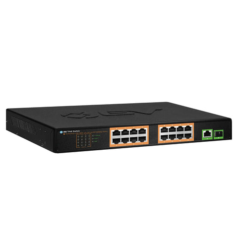 High Power PoE Plus 16 Port Switch with 120W Budget, 1 Gigabit Uplink and 1 SFP Uplink, 19 inch rackmount design front view