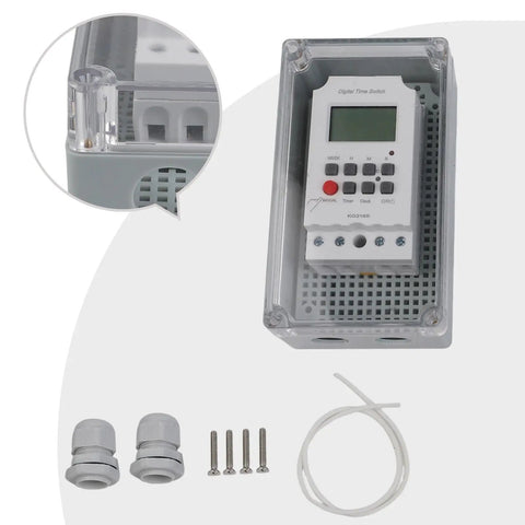 Straight Up Heavy Duty Digital Timer Switch With Damn Accurate Second Timing Rock Solid 25 Amp 220 Volt IP66 Weatherproof Relay Box components including screws and connectors