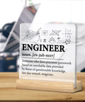 Engineer Definition Acrylic Plaque With Wooden Stand 4x4 Inch Square Cool Desk Sign Modern Clear Engineering Decor For Home Office Tabletop Gift Idea Perfect Gift For Any Desk on a wooden desk.