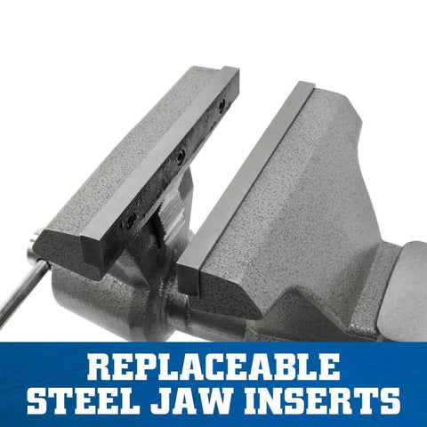 Mechanics Pro Bench Vise 10 Inch Jaw with 12 Inch Width and 5 And A Quarter Inch Opening Model 8100M Gray Heavy Duty Ductile Iron Enclosed Spindle Precision Slide Bar Keeps Front Jaw Steady for Smooth Operation