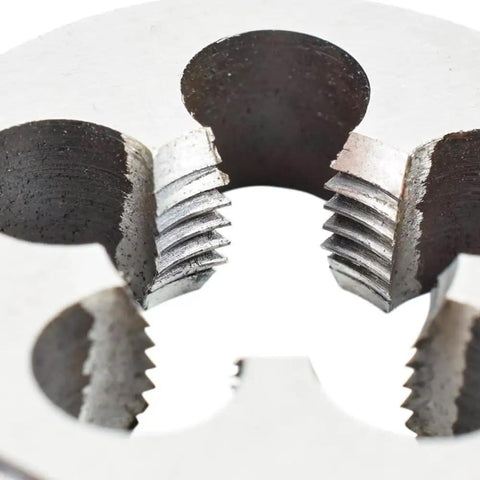 Close-up of a die from the 2-Piece 1/4-20 UNC Tap And Die Set In HSS High Speed Steel, Straight Flute Right-Hand Threading Tool