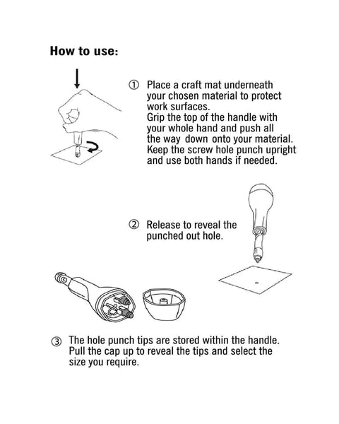 Instructions for using Versatile Screw Punch With 2Mm, 3Mm And 4Mm Tips For Circular Paper Holes Anywhere, oversized soft grip handle.