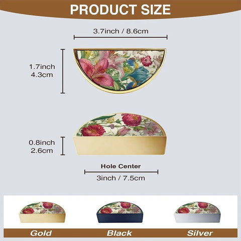 Two Pack Dope Gold Semicircle Cabinet Pulls with 3 Inch Hole Center, Vintage Floral Art Drawer Handles
