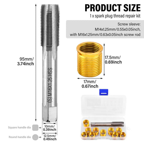 Front view of NINEFOX spark plug thread repair kit with M14x1.25 inserts and tap set in case