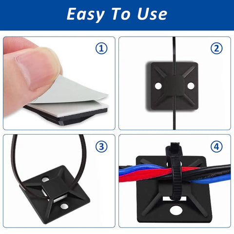 Four images showing Self Adhesive Cable Zip Tie Mounts Kit With 3M Strong Adhesive, 100 Mounts And 100 6 Inch Nylon Ties in use