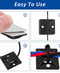 Heavy Duty Self Adhesive Cable Zip Tie Mount Kit With Fifty Sets Of Three Quarter Inch Mounts And Fifty Zip Ties Of Six Inch Length Nylon For Outdoor Wire Organization No Fuss Easy Install Black showing features and usage.