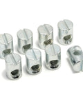 Top Tier Replacement Cross Dowel Barrel Nuts Compatible With Ikea Part 100514 For Crib And Bunk Bed Frames. Pack of eight silver nuts.