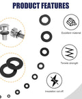 900 Piece Nylon Flat Washer Assortment Kit With Black Plastic Washers For Bolts And Screws M2 Through M12 Ideal For Home And Workshop Use On The Job Site showing product features and washers in various sizes.