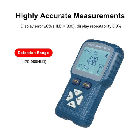 Heavy Duty Digital Leeb Hardness Tester For Metals With No Fuss One Touch Conversion displaying measurement readout and detection range.